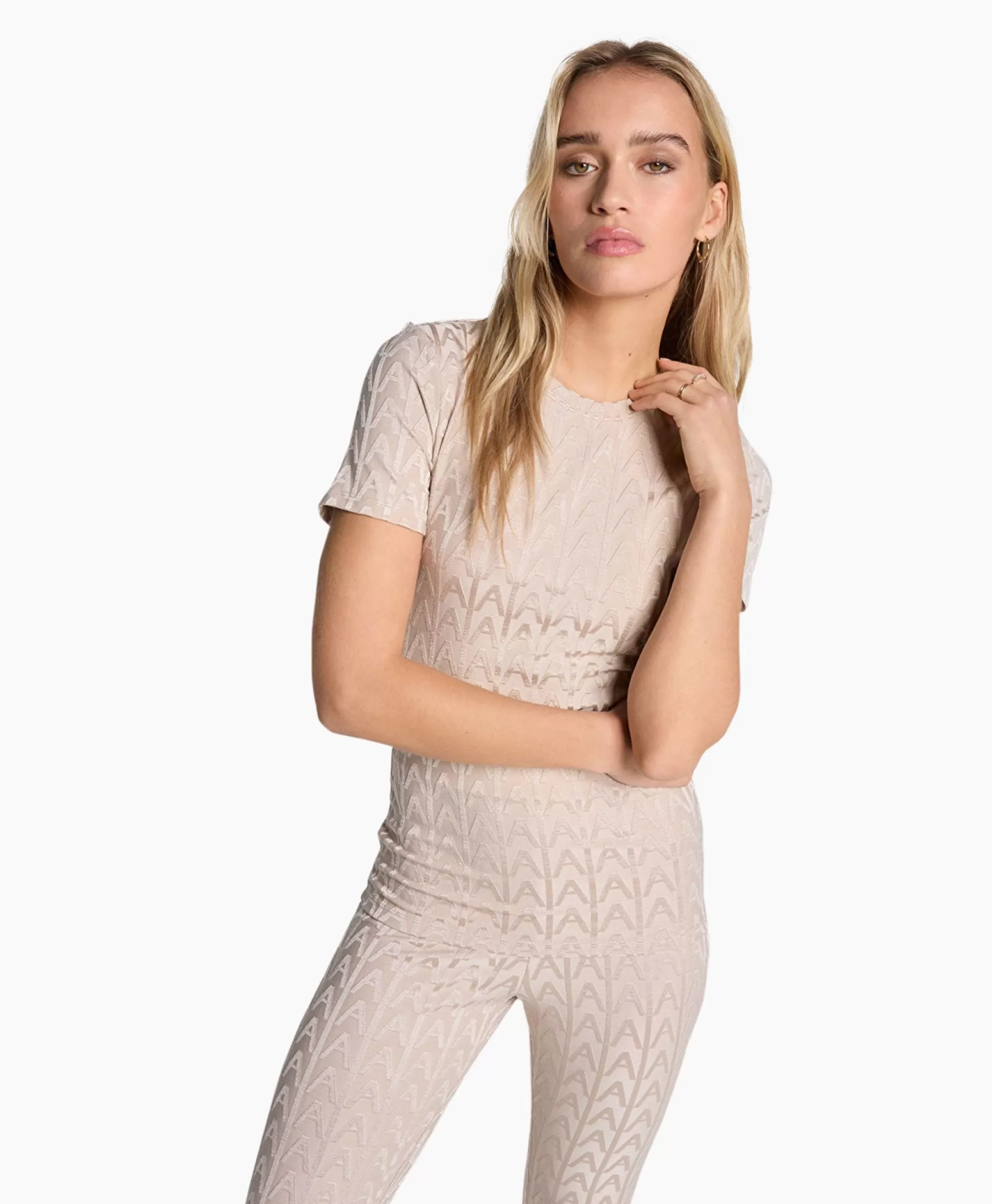 Alix the Label - Maglietta Manica Corta in Maglieria Jacquard, Tono Sabbia Naturale per Abbigliamento Casual