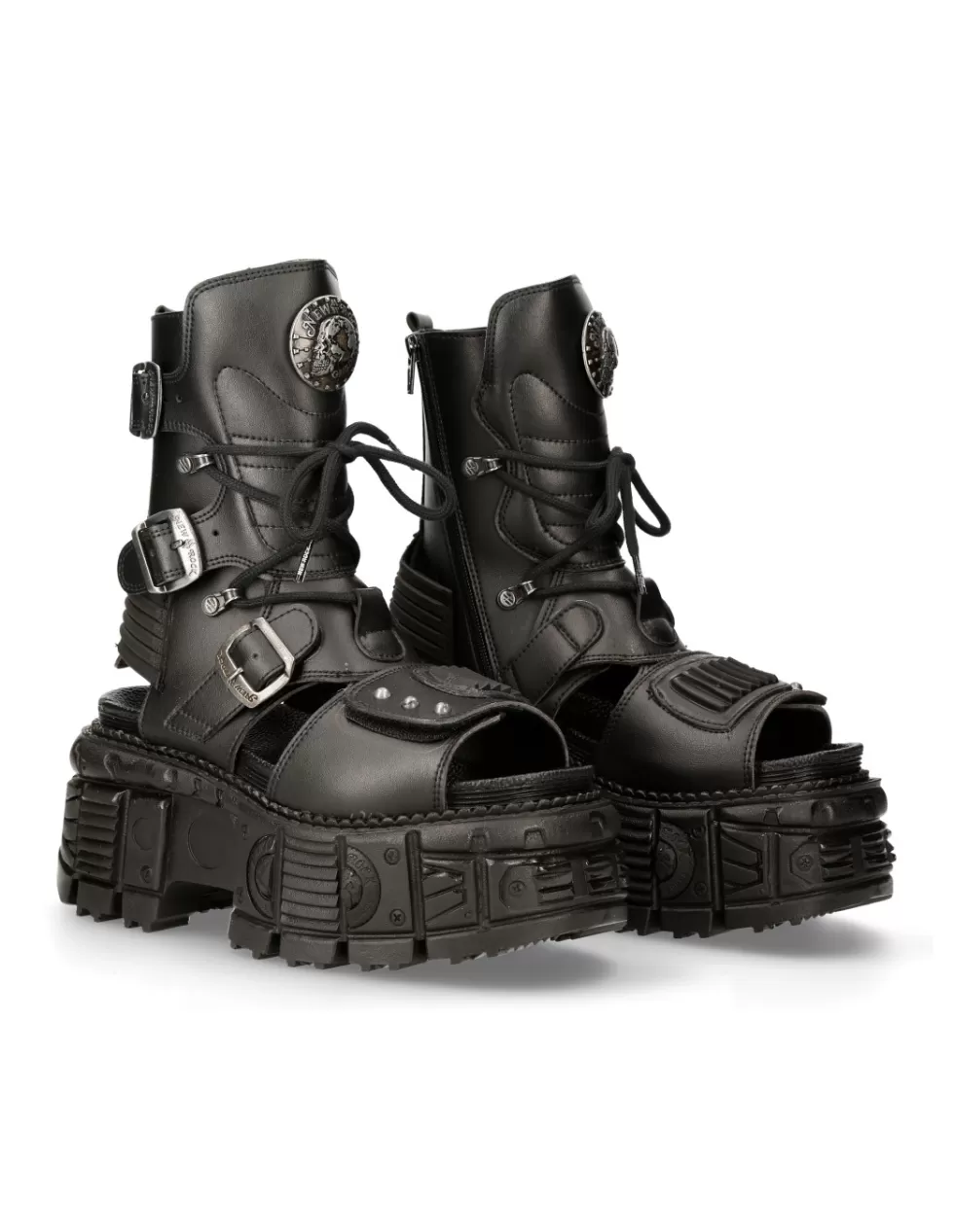 Stivaletti New Rock Tank con tacco largo - Modello anfibio unisex in pelle nera BIOS107-V1