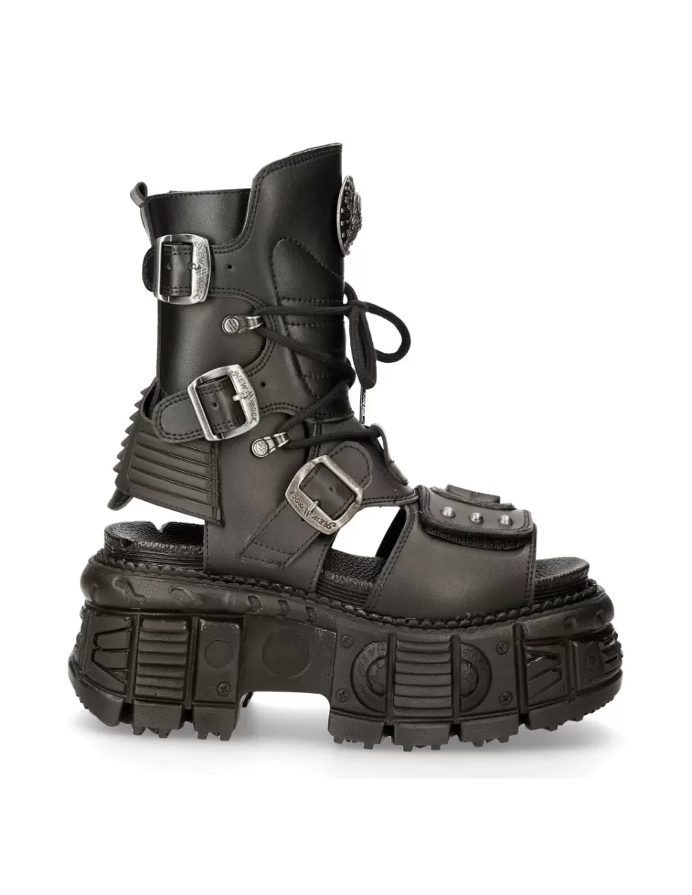 Stivaletti New Rock Tank con tacco largo - Modello anfibio unisex in pelle nera BIOS107-V1