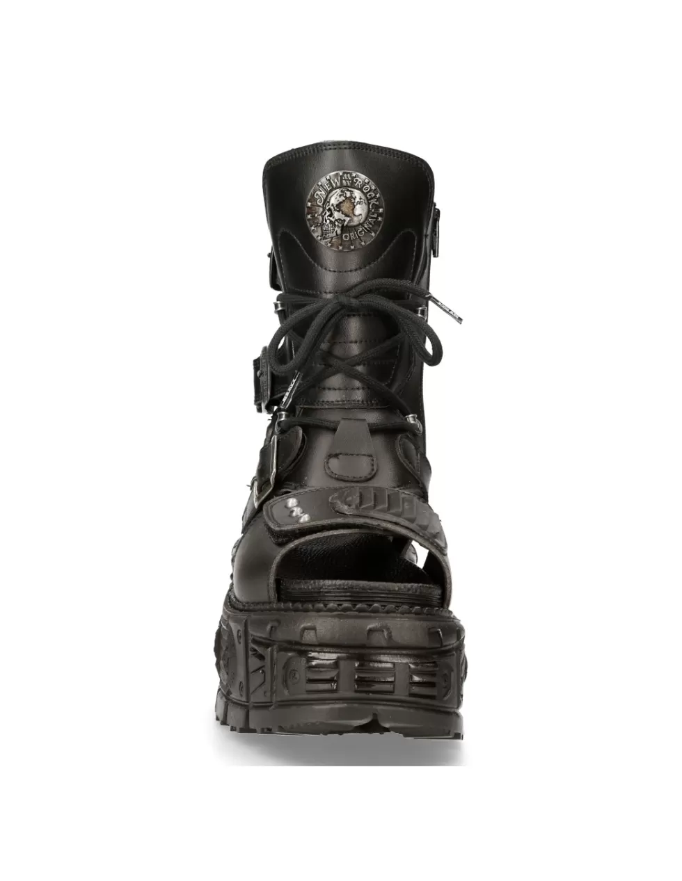 Stivaletti New Rock Tank con tacco largo - Modello anfibio unisex in pelle nera BIOS107-V1