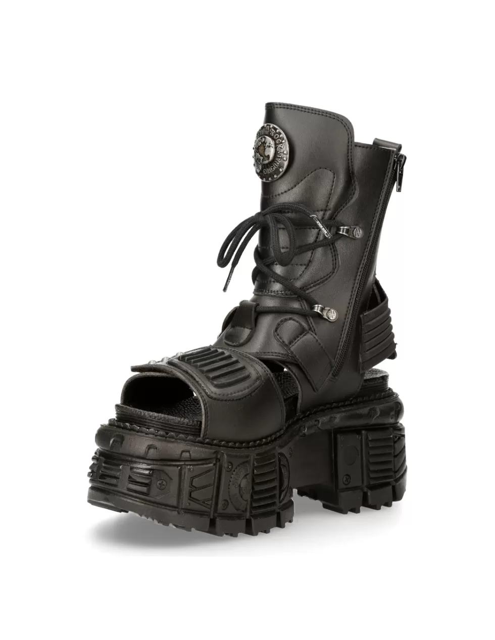 Stivaletti New Rock Tank con tacco largo - Modello anfibio unisex in pelle nera BIOS107-V1