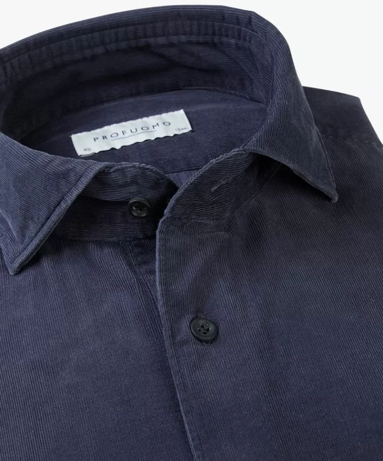Camicia Uomo Blu Medio in Velluto a Coste - Profuomo Elegante Stile Casual Chic