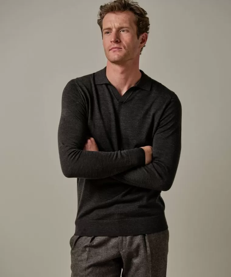 Profuomo - Polo Elegante in Lana Merino Marrone Scuro con Scollo Aperto - Abbigliamento Casual Confortevole - Offerta Estiva