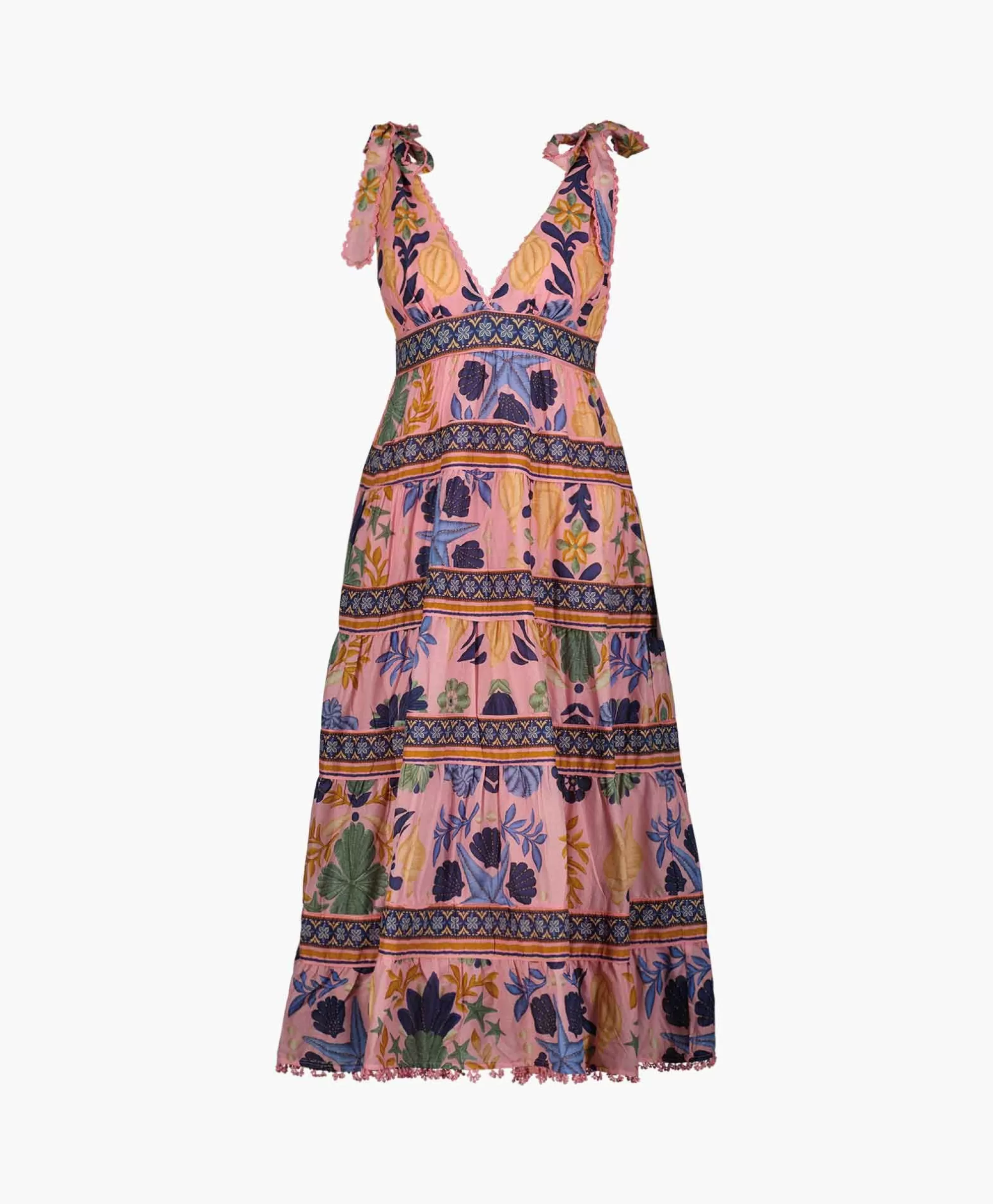 Farm Rio Abito Midi da Sposa con Ricamo Conchiglia - Disegno Floreale in Sfumature Rosa Pastello per Cerimonia Estiva