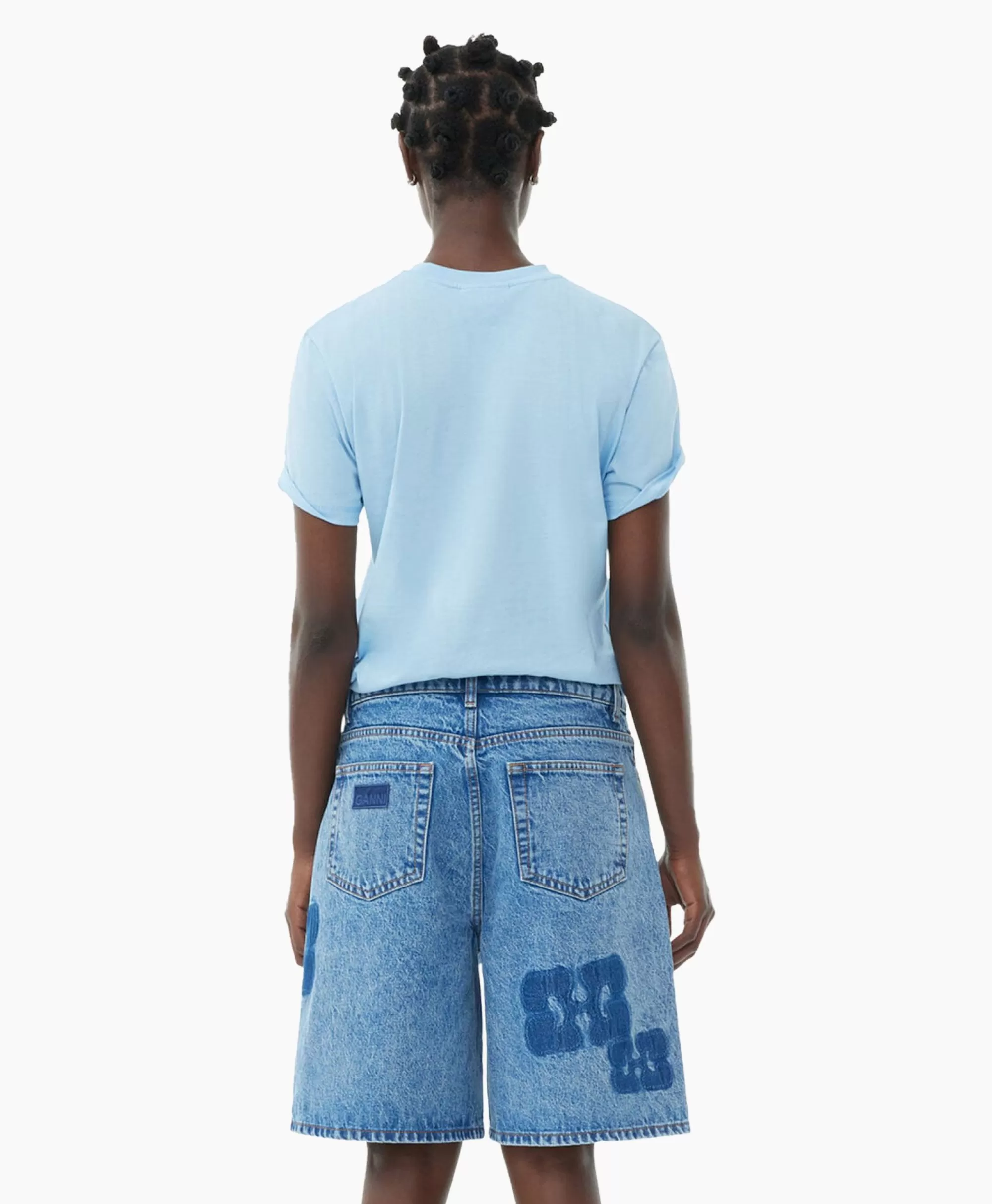 Ganni Maglietta Manica Corta Azzurro Chiaro in Jersey Leggero - Design Comodo Loveclub

(：，，