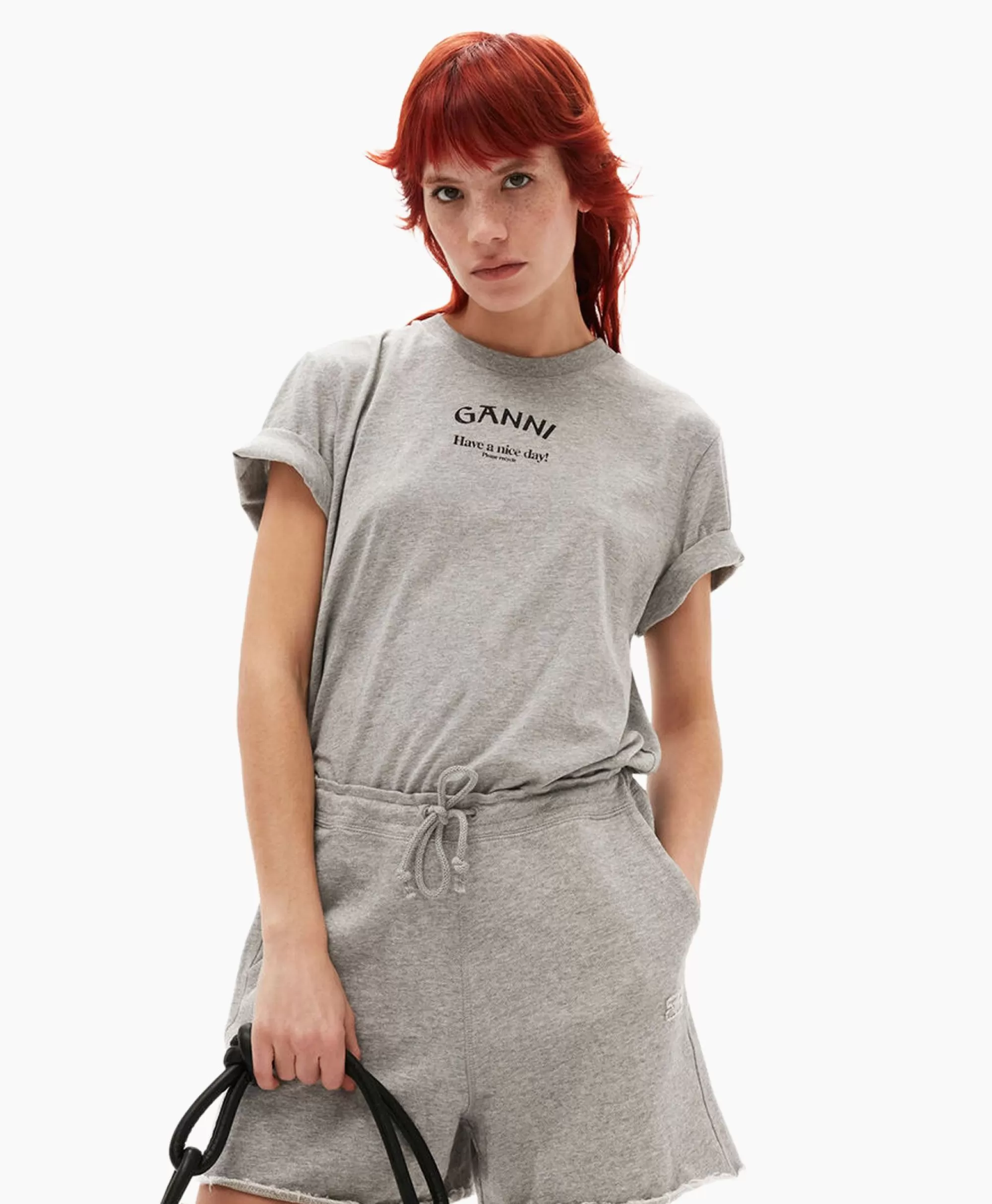 Ganni - Maglietta Essential Manica Corta in Jersey Leggero con Scollo Tondo, Grigio Cenere