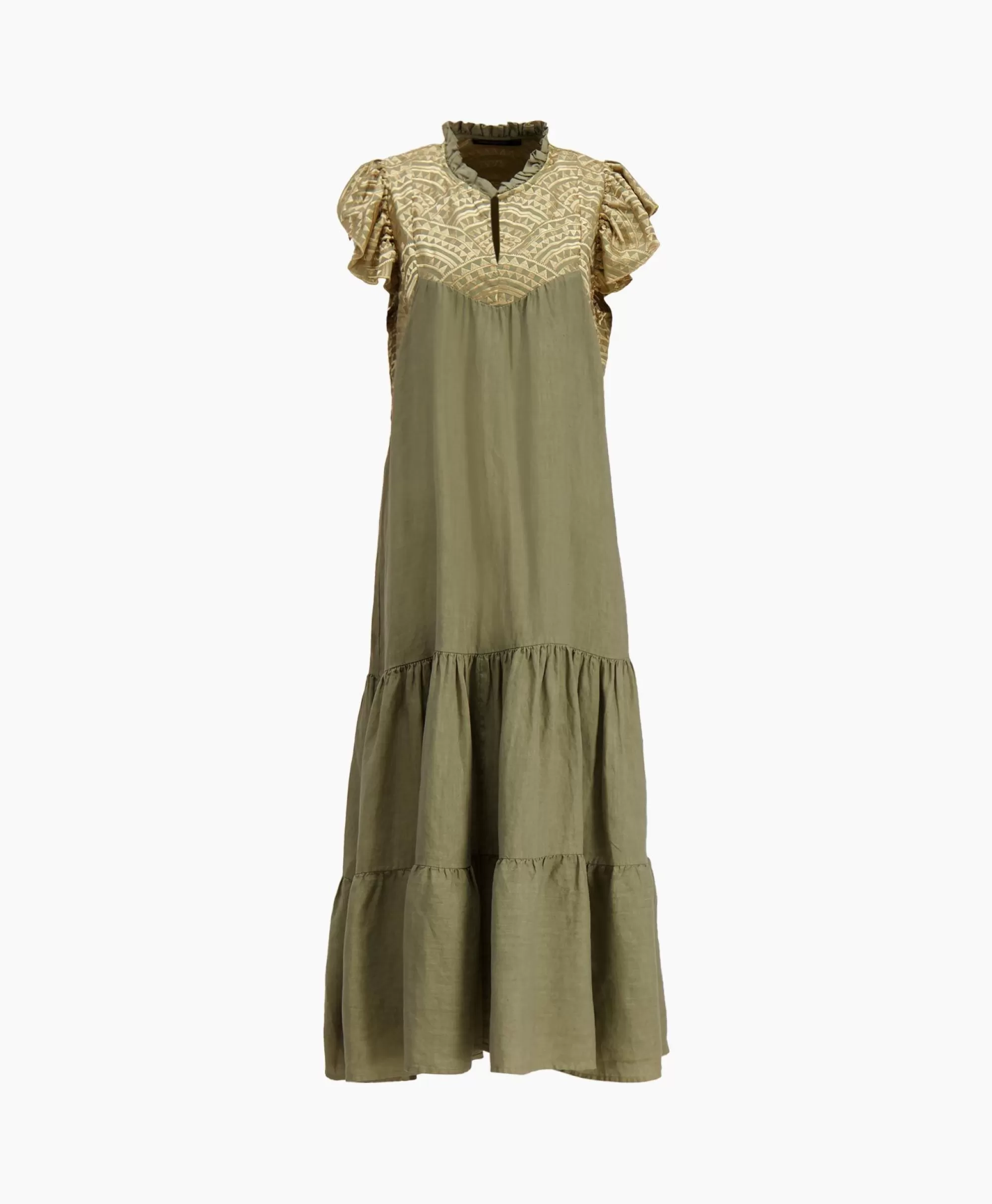 Abito estivo elegante ispirato all’antica Grecia - Modello Kori senza maniche con balze decorative, lunghezza maxi in tessuto leggero dorato.