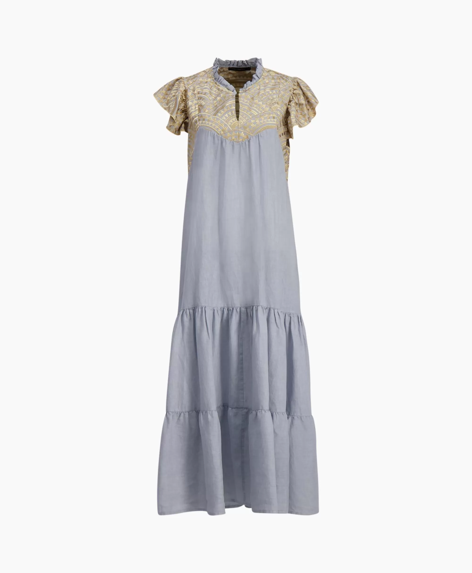 Abito da Sposa Ispirato alle Kore Greche Arcaiche - Vestito Lungo Elegante Senza Maniche con Balze, Nuova Collezione in Grigio Chiaro
