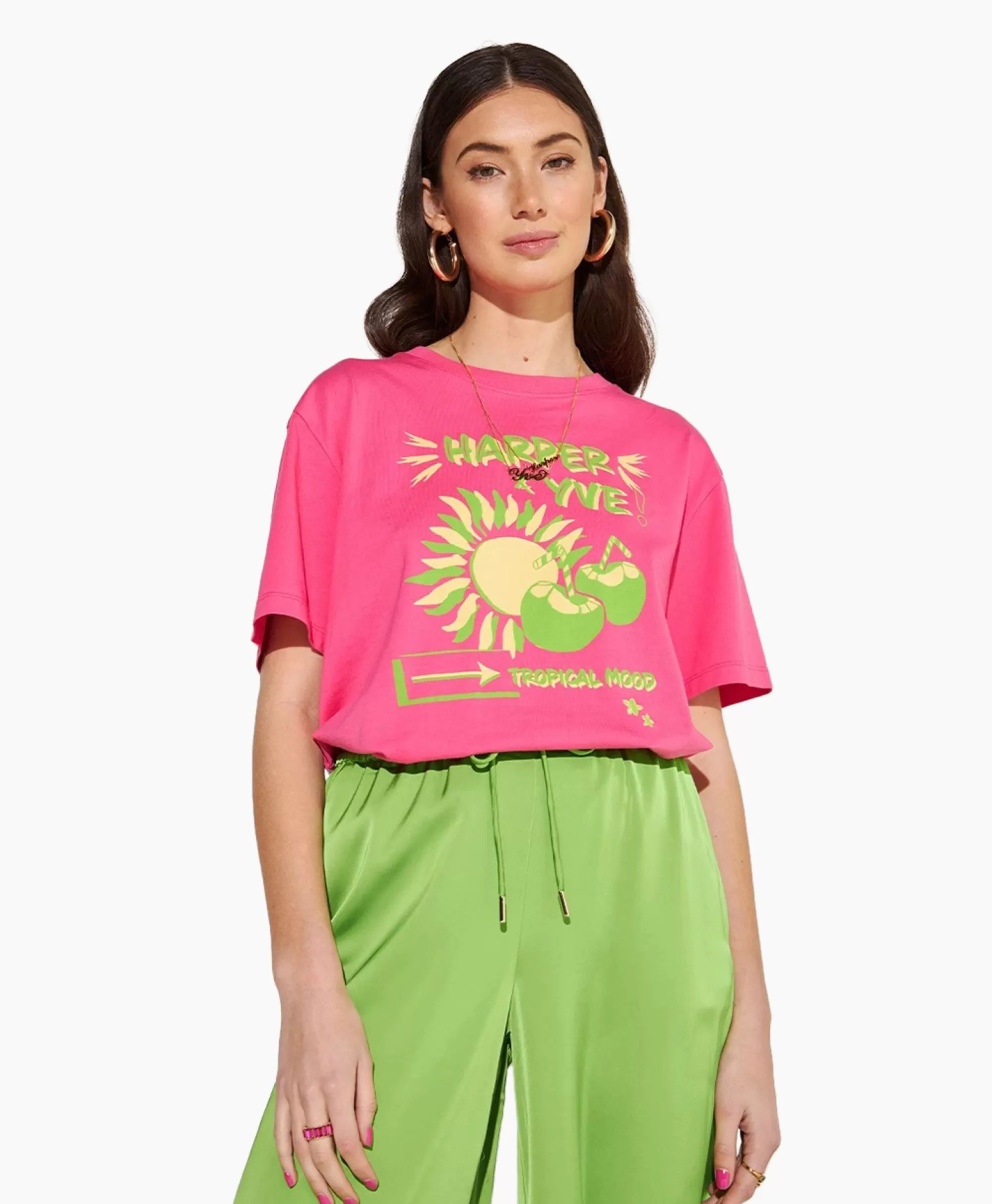 Harper & Yve Maglietta Estiva Manica Corta con Stampa Tropicale in Rosa Chiaro