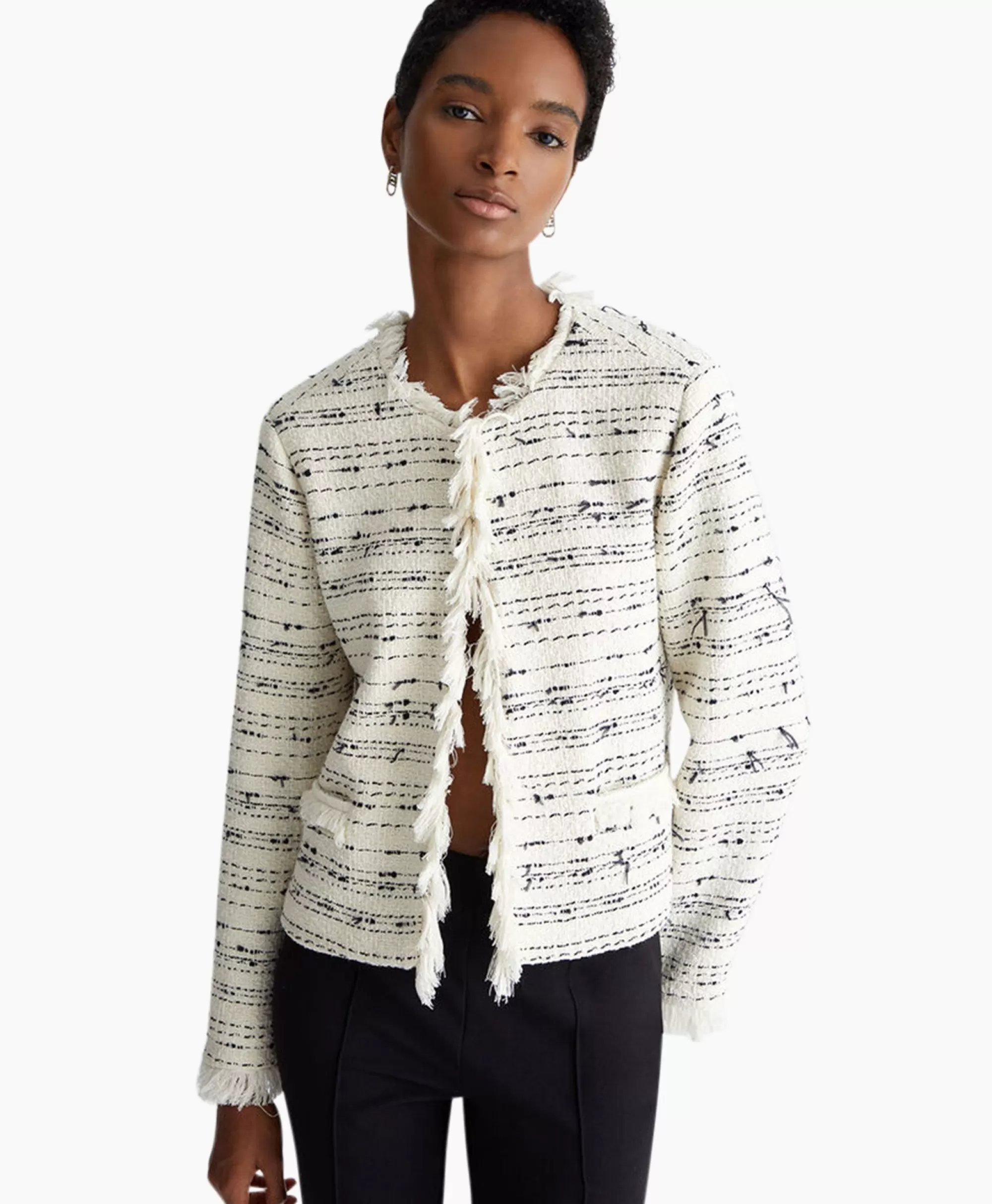 Giacca Blazer Firmata Liu Jo Design - Modello Senza Colletto con Dettagli Sfrangiati e Taschini Applicati, Ideale per Look Eleganti in Tonalità Bianco Puro