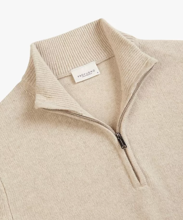 Maglione casual Profuomo in lana pregiata con dettaglio mezza cerniera - Tonalità Avorio - Spedizione Rapida