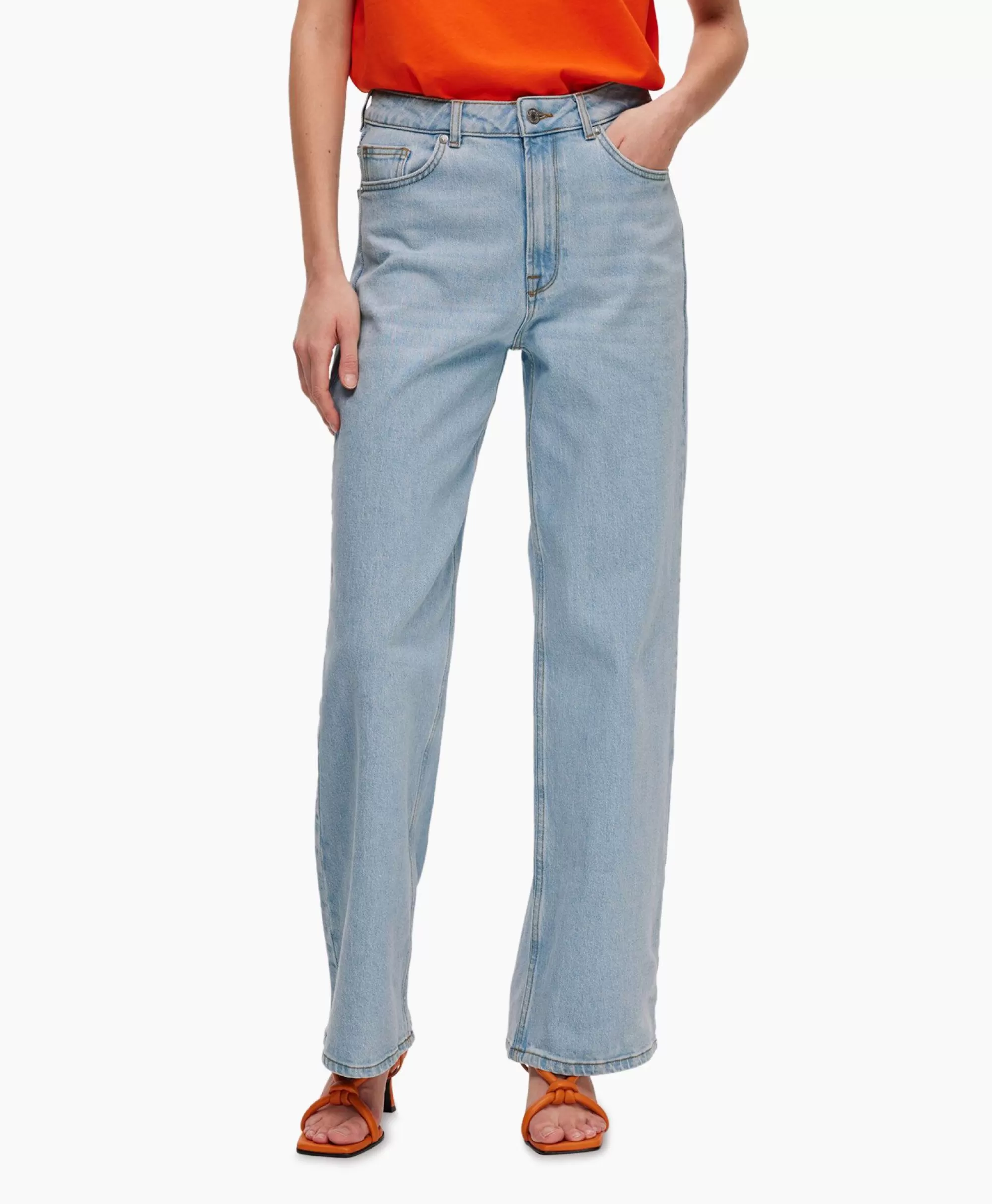 Jeans Donna Vita Alta Selected Femme Modello Alice-N - Pantaloni Larghi Lunghi in Tinta Unica Celeste