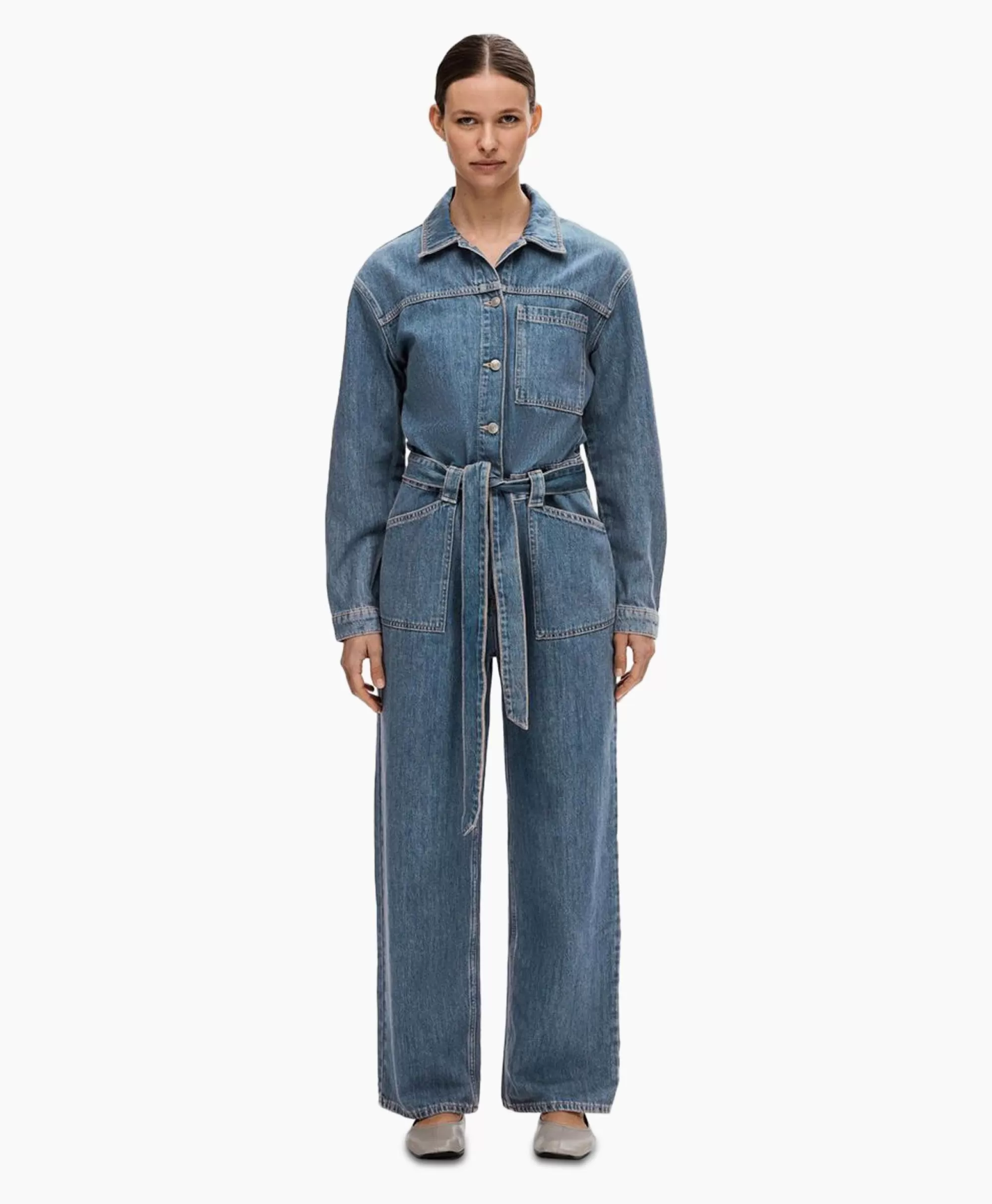 Tuta Donna Selected Femme Marley con Chiusura Anteriore - Denim Jeans Blu Medio per Look Casual Chic