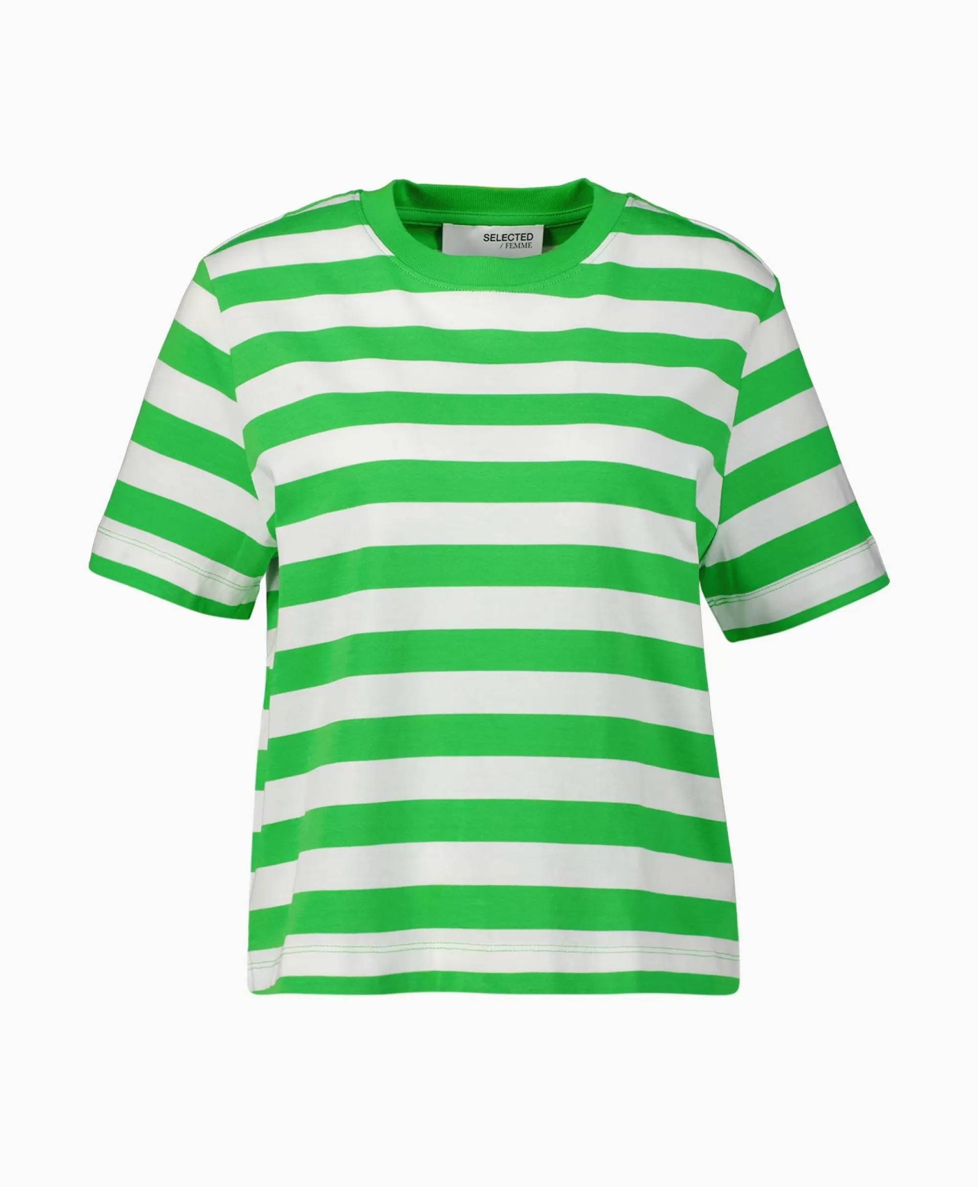 Selected Femme - Maglietta Casual a Maniche Corte con Righe, Modello Boxy Comodo in Verde Essenziale
