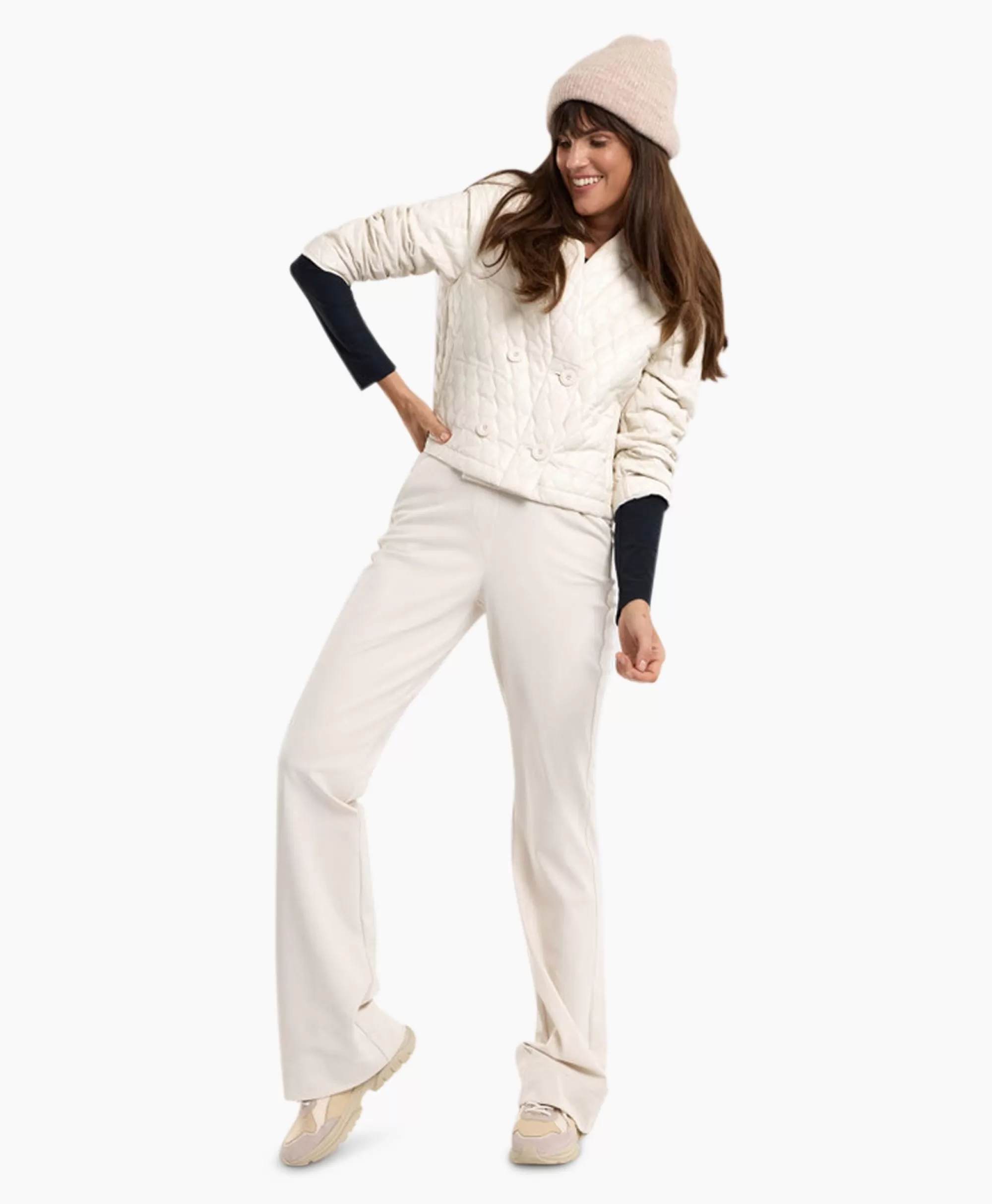 Pantaloni Eleganti Studio Anneloes | Modello Flair con Banda Luccicante | Tinta Avorio Naturale | Vestibilità Allungata per Look Glamour | Ideali per Serate ed Eventi | Tessuto Pregiato Autunno-Inverno