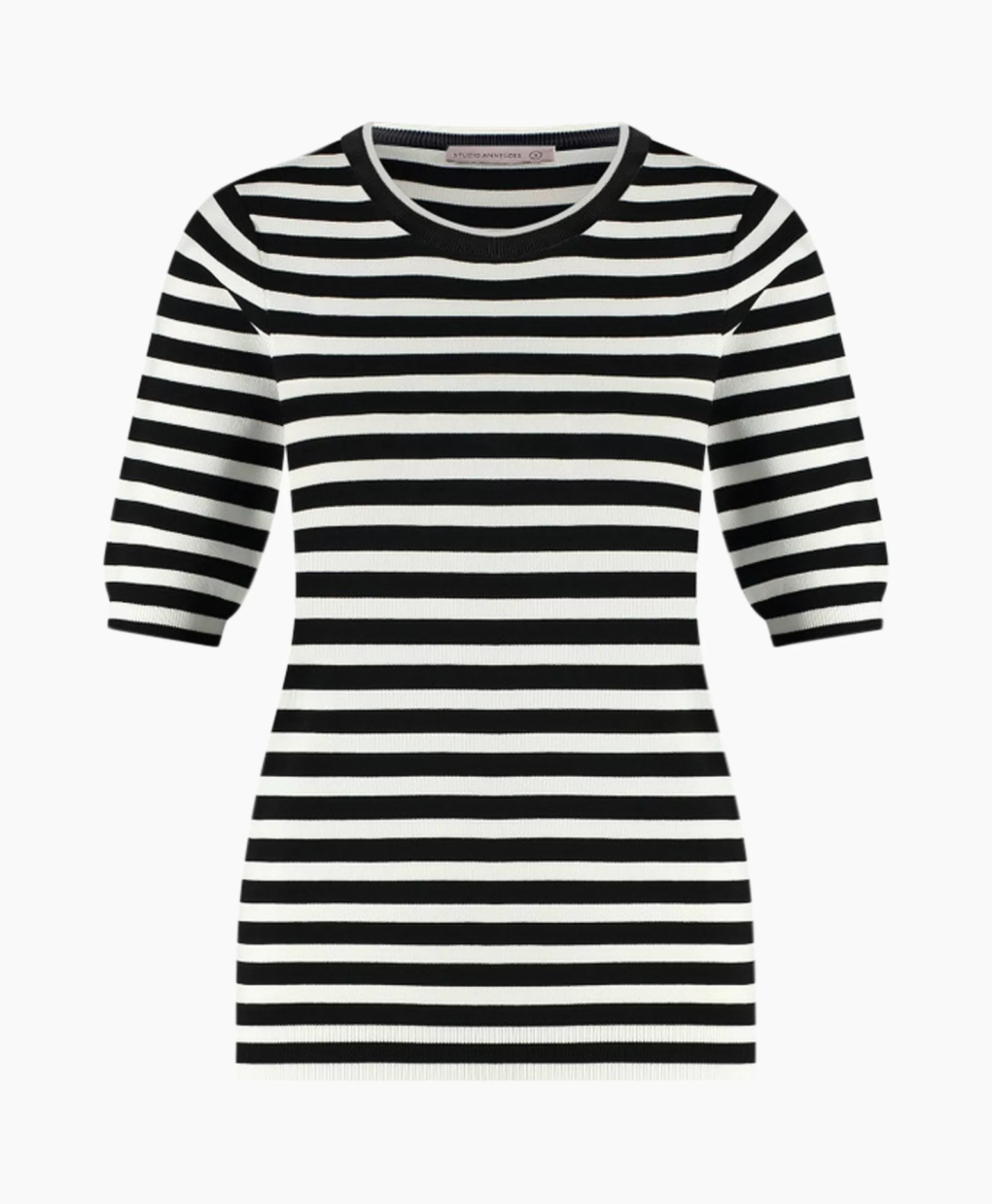 Anneloes Studio Maglione Manica Corta Righe Luna - Nero con Fantasia Classica per Stile Casual

（：，，